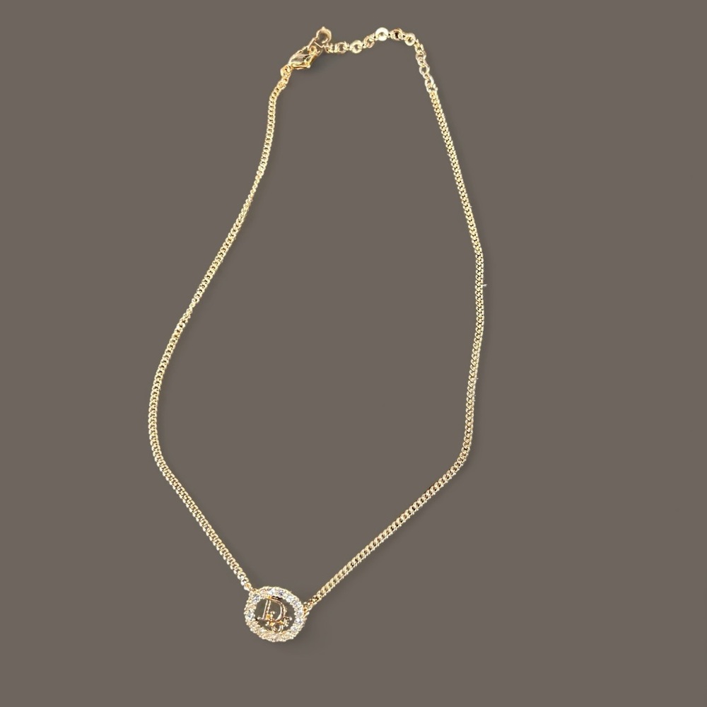 Christian Dior Logo Rhinestone Gold Tone Pendant Necklace